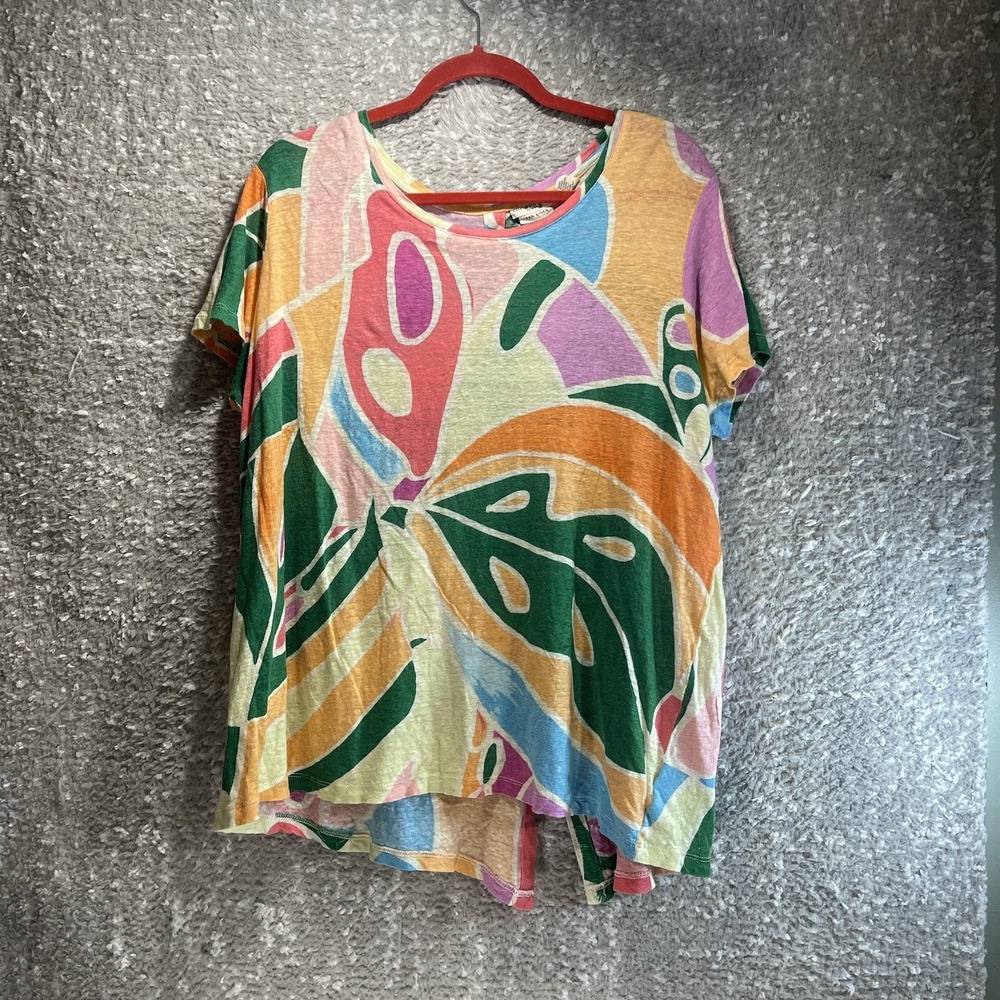 Christian Siriano Top Blouse 2X Colorful Abstract Short Sleeve Back Button Artsy